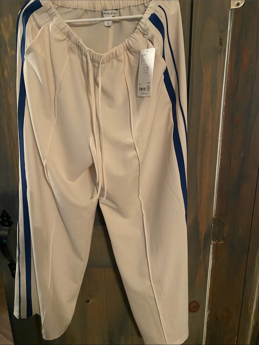 Athleta Cream Wide Leg Joggers with Blue Side Stripes